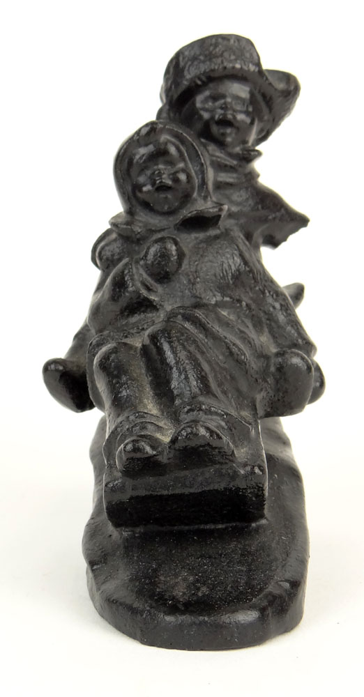 Early 20th Century Cast Metal Figure Group "Children Sledding". Illegible Marked to Base. 