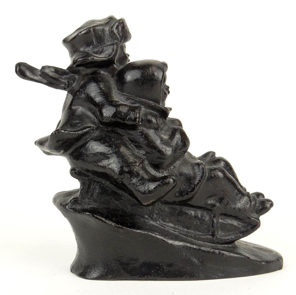 Early 20th Century Cast Metal Figure Group "Children Sledding". Illegible Marked to Base. 