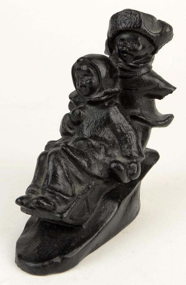 Early 20th Century Cast Metal Figure Group "Children Sledding". Illegible Marked to Base. 