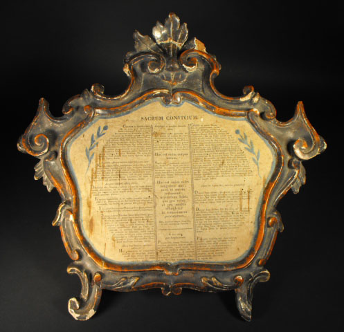 18/19th Century Wooden Plaque with Latin Article "Sacrum Convivium" Losses and Several Repairs. 