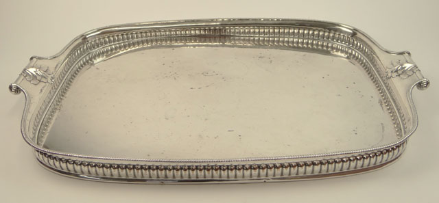 19/20th Century Probably English Heavy Silverplate Gallery Tray with Scroll Handles and Wooden Base.