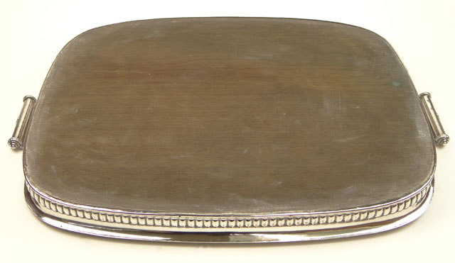 19/20th Century Probably English Heavy Silverplate Gallery Tray with Scroll Handles and Wooden Base.