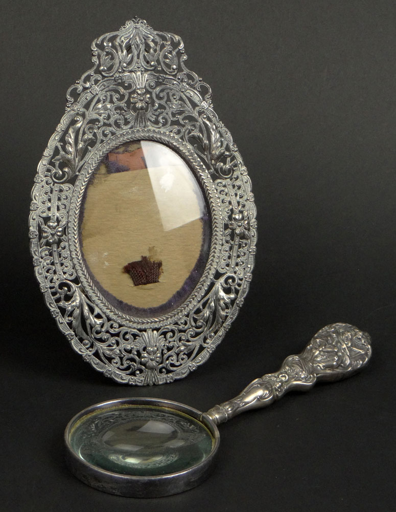 Two (2) Silver Desk Top Items. One (1) Art Nouveau Foster and Bailey Sterling Silver Handle Magnifying Glass.