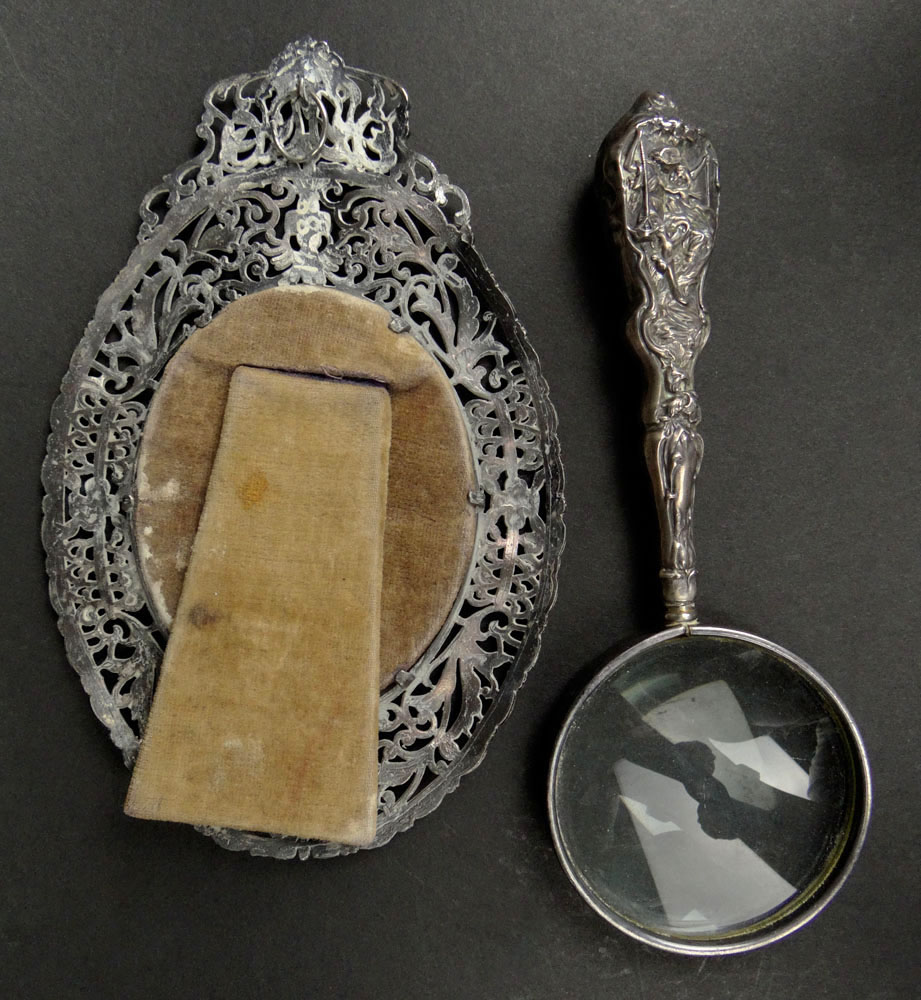 Two (2) Silver Desk Top Items. One (1) Art Nouveau Foster and Bailey Sterling Silver Handle Magnifying Glass.