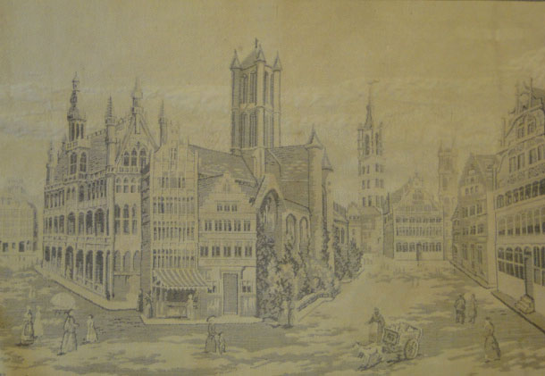 Early 20th Century Continental Woven Tapestry Panel/Wall Hanging with Scene of Brussels. Signed Gent, Bruge and Brussels.