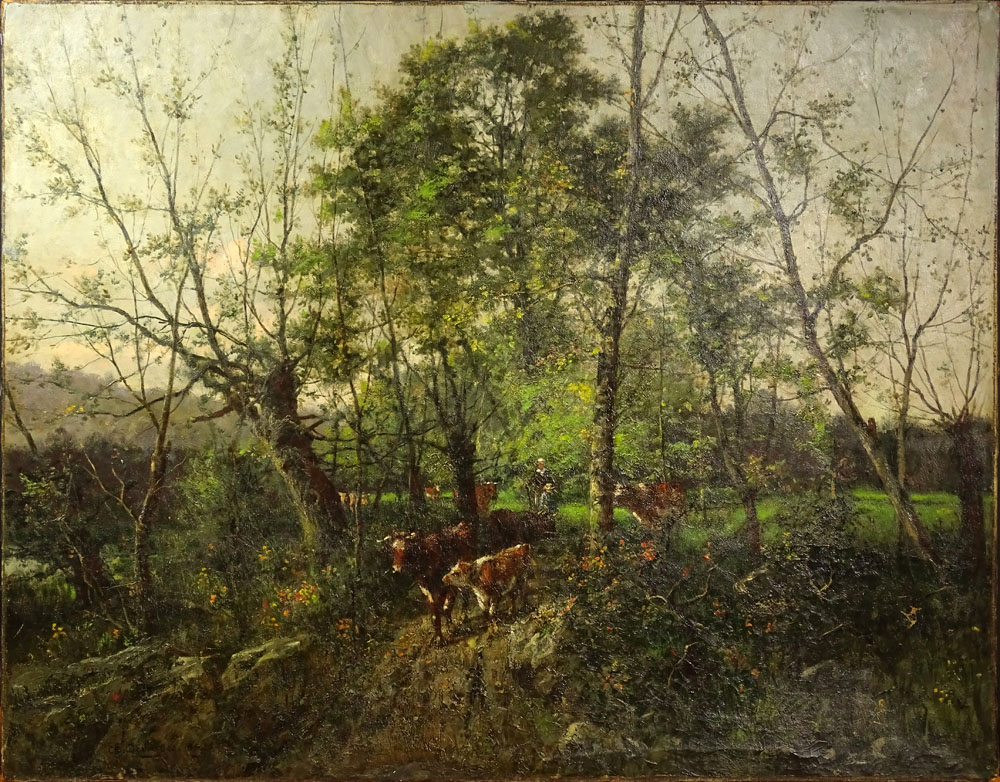 Charles Félix Edouard Deshayes, French (1831-1895) Oil on Canvas "Wooded Landscape With Figures and Cows" Signed Lower Left CF Deshayes 1880.