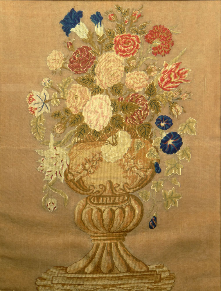 Well Done 19th C Framed Needlepoint "Still Life of Flowers" Unsigned. 