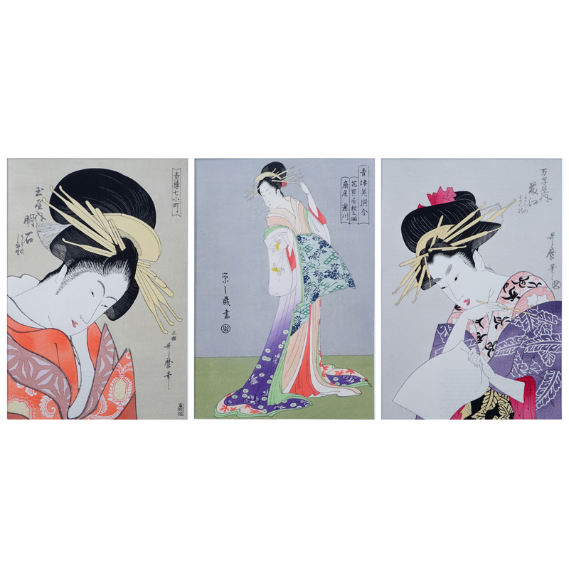 Three (3) Contemporary Japanese Woodblock Prints Two (2) by Utamaro and One (1) by Eishi.