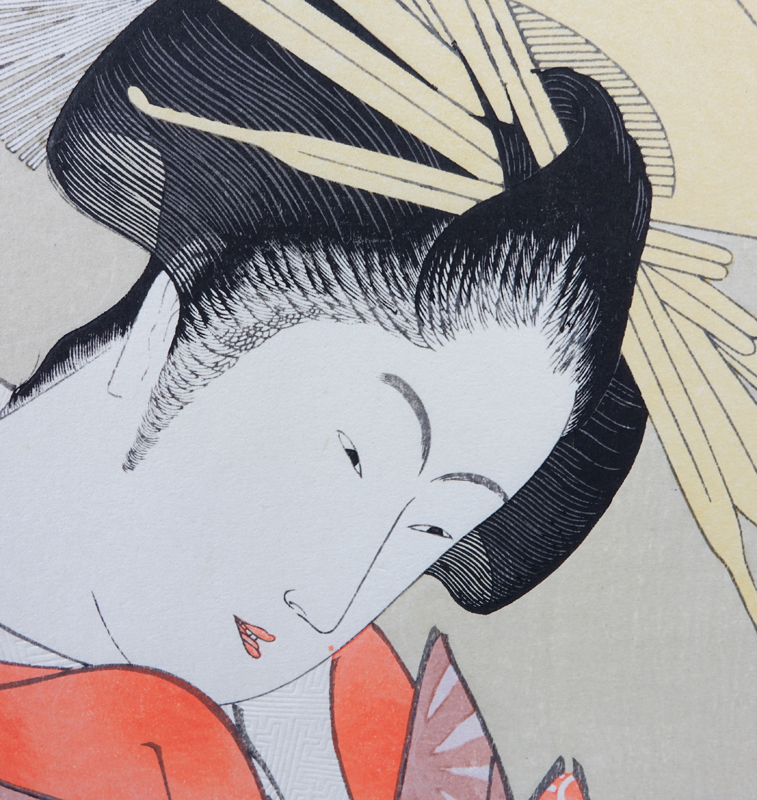 Three (3) Contemporary Japanese Woodblock Prints Two (2) by Utamaro and One (1) by Eishi.