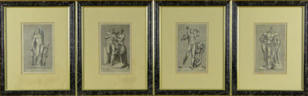 Set of Four (4) Prints of Antique Etchings, All Nude Male Subjects Mounted in Marblelike Frames. 