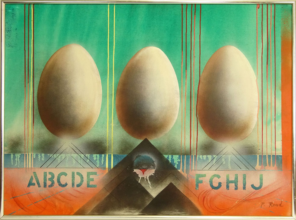 Philip Standish Read, American (1927-2000) oil Painting on Canvas "Eggs And Letters" Signed lower right P. Read.