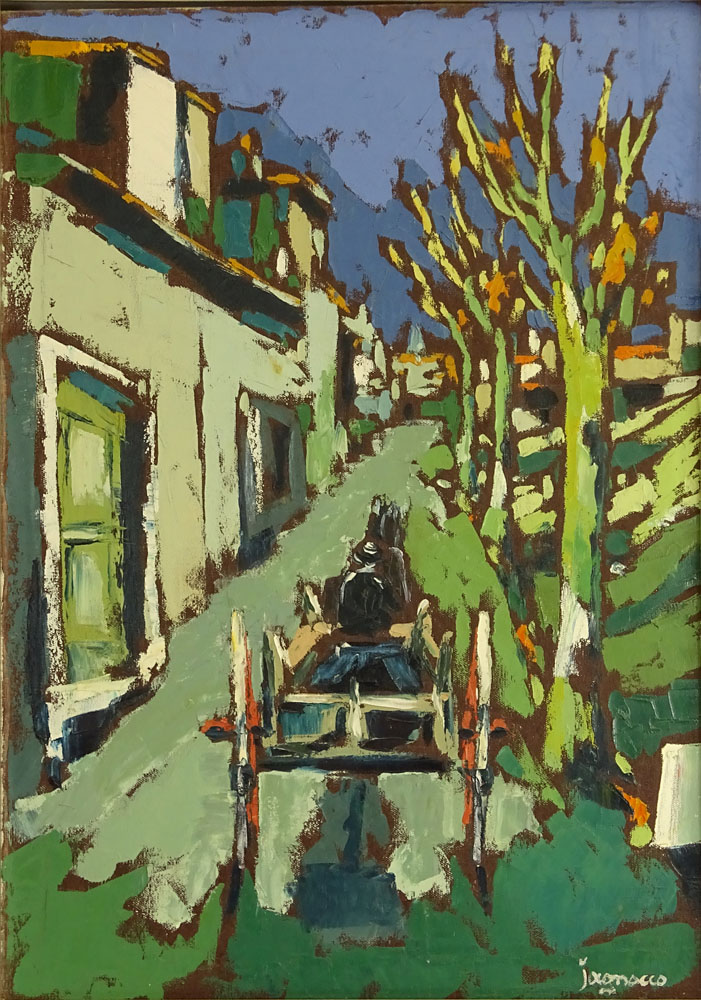 Mid 20th Century Oil Painting bears signature Iagnocco (?). "Cart on Village Road" Signed lower right