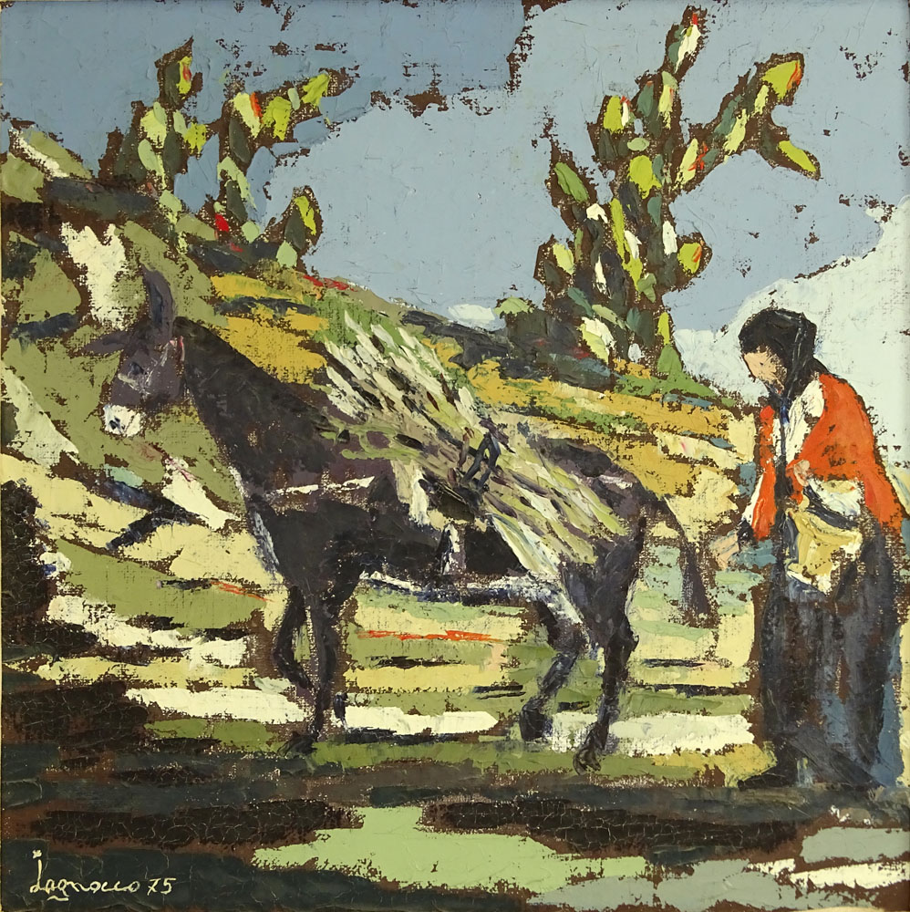 Mid 20th Century Oil Painting bears signature Iagnocco (?). "Farmwoman" Signed lower left, dated '75, inscribed en verso. 