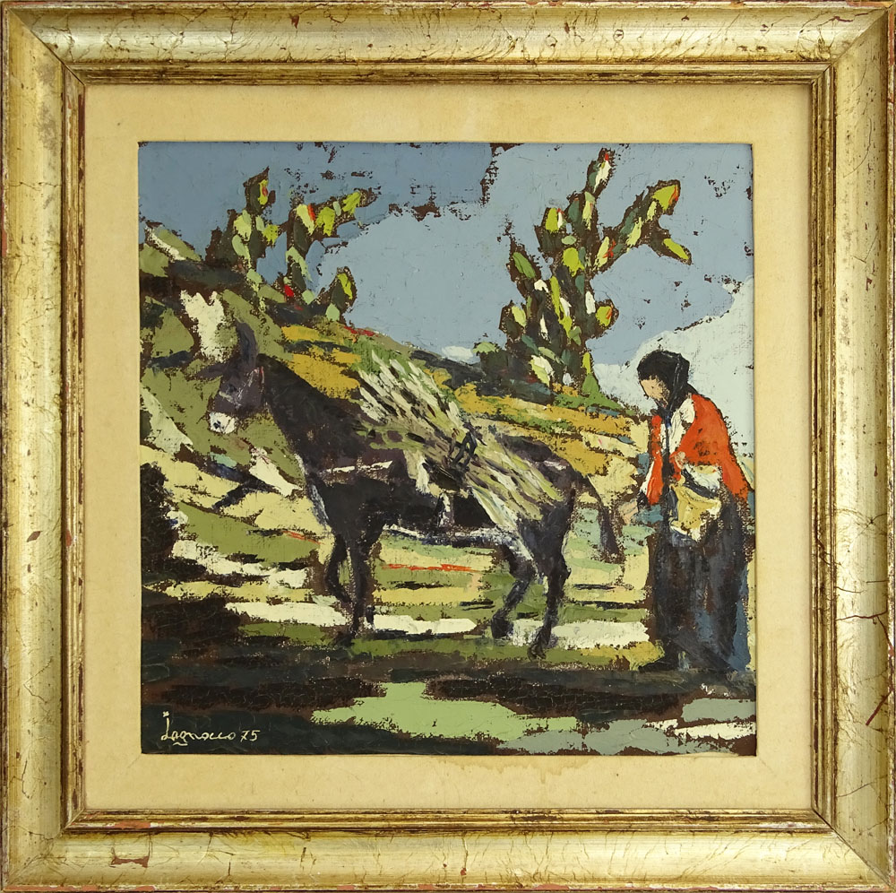 Mid 20th Century Oil Painting bears signature Iagnocco (?). "Farmwoman" Signed lower left, dated '75, inscribed en verso. 