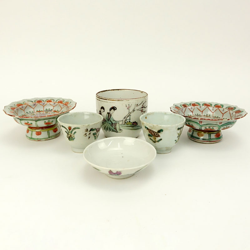 Collection of Six (6) 19th Century Chinese Export Hand Painted Porcelain Table Top Items.