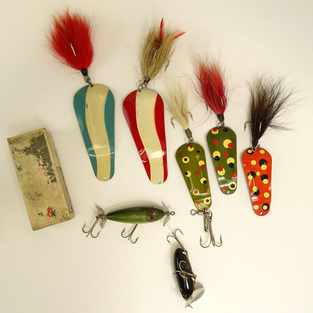 Lot of Nine (9) Vintage Fishing Lures. Includes, jitterbugs, spoon spinners.