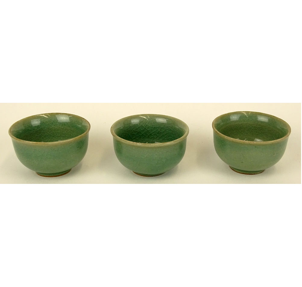 Lot of 3 20th C Korean Celadon Tea Cups. Crackle glaze.