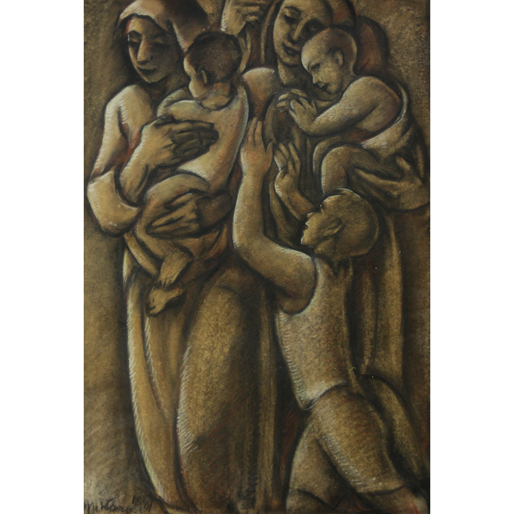 Mid Century Fine Charcoal and Pastel Drawing "Embrace" Signed Lower Left. 