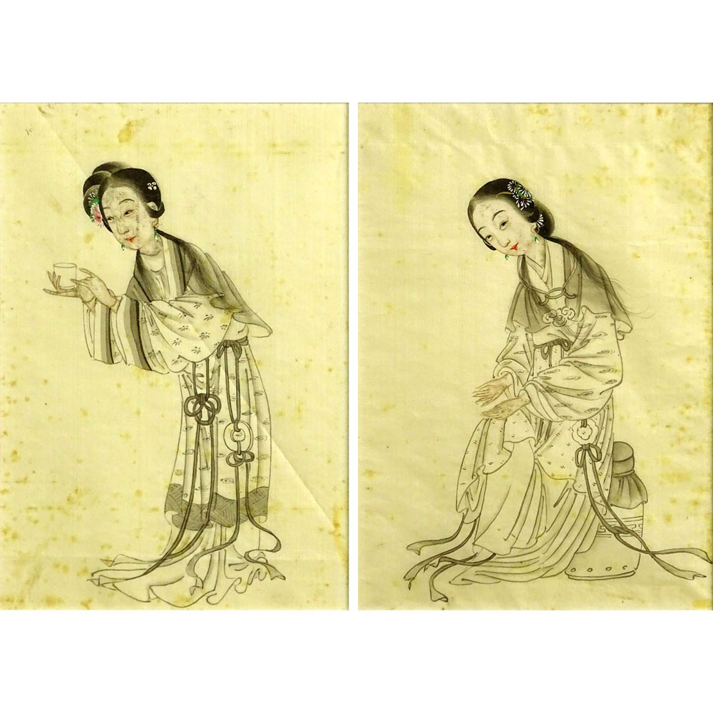 Pair of Vintage Japanese Watercolors on Silk. "Ladies". 