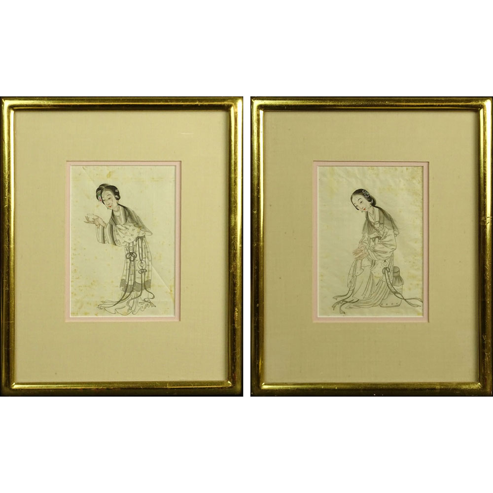 Pair of Vintage Japanese Watercolors on Silk. "Ladies". 