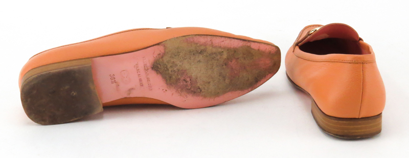 Pair Escada Peach/Salmon Stacked Heel Loafers.