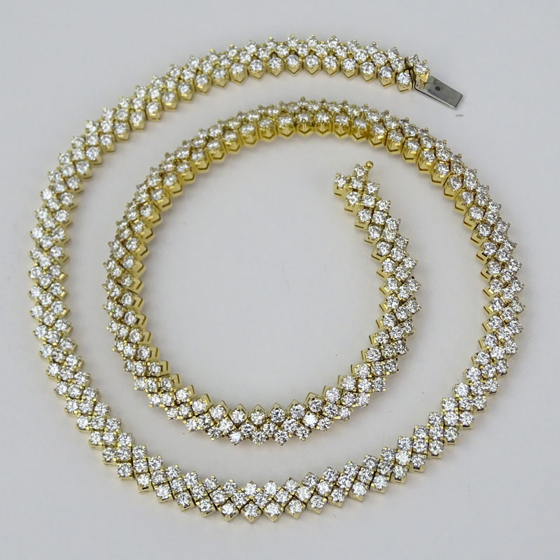 Vintage Approx. 20.0 Carat Round Brilliant Cut Diamond and 18 Karat Yellow Gold Three Row Necklace.