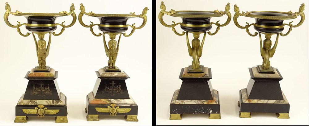 Egyptian Revival Two (2) Piece Bronze, Marble and Onyx Garniture Set. 