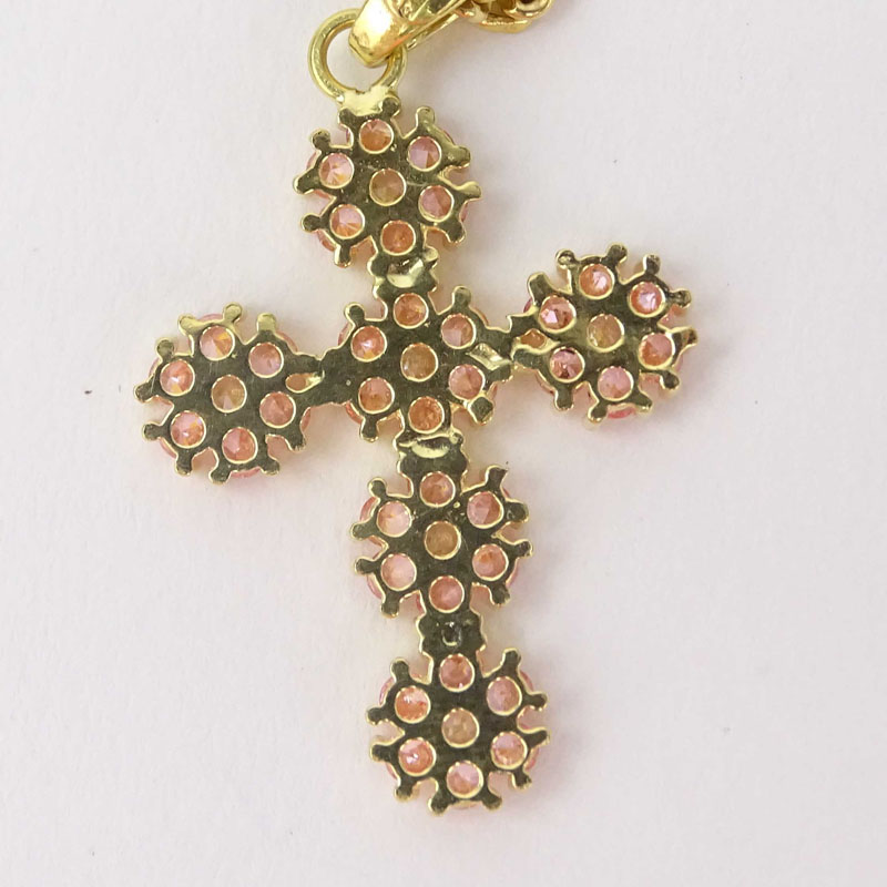 18 Karat Yellow Gold, Pink Gemstone and Diamond Cross Pendant Necklace. 