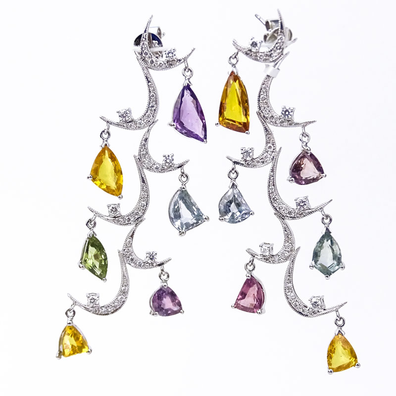 Approx. 13.22 Carat Multi Stone, .77 Carat Diamond and 18 Karat White Gold Chandelier Earrings. 