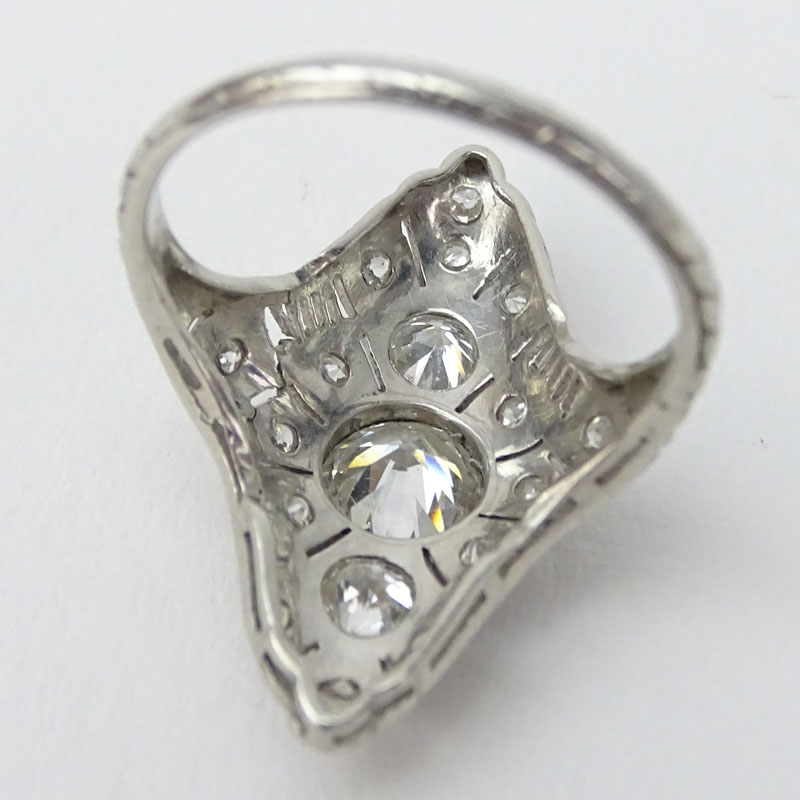 Art Deco Approx. 1.55 Carat TW Old European Cut Diamond and Platinum Filigree Ring.