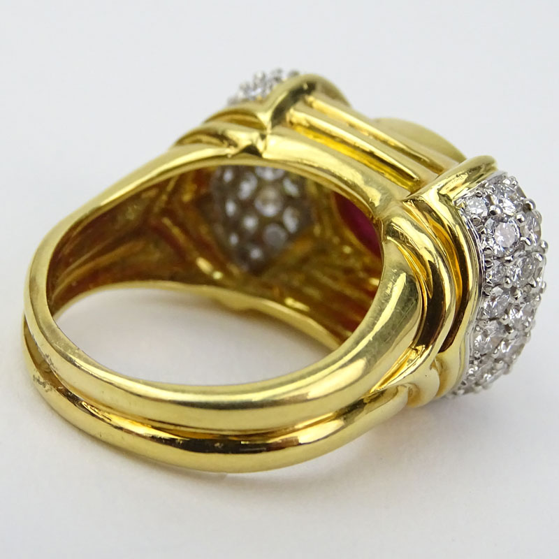 Vintage Approx. 3.50 Carat Cabochon Ruby, 2.10 carat Pave Set Diamond and 18 Karat Yellow Gold Ring.