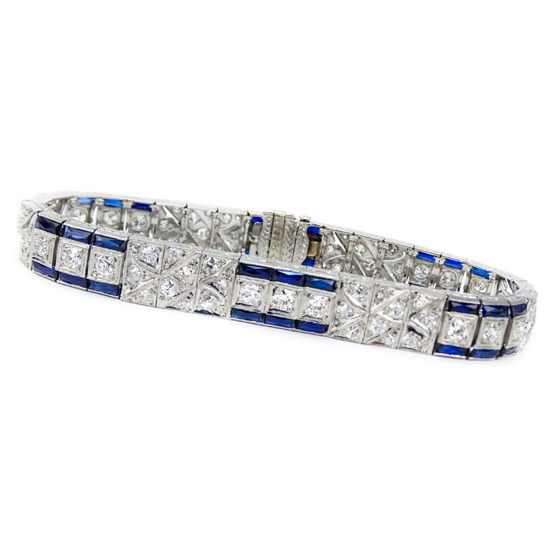 Art Deco Approx. 5.0 Carat Transition and Old European Cut Diamond, 6.50 Carat Calibre Cut Sapphire and Platinum Bracelet. 