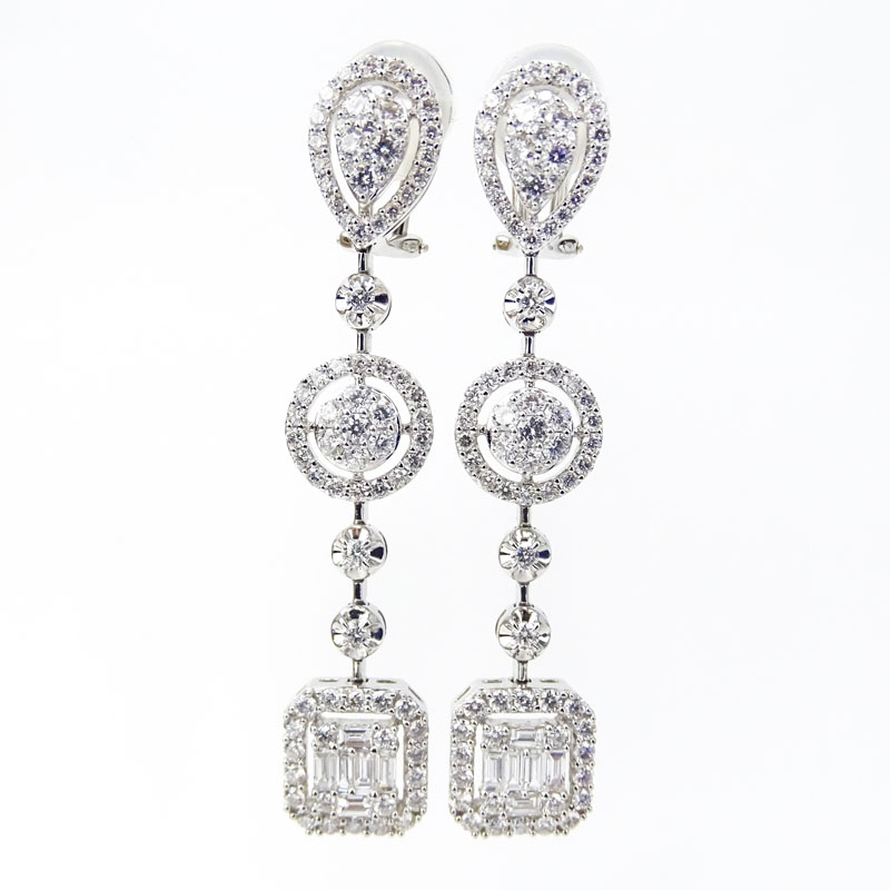 Approx. 4.0 Carat Round Brilliant and Baguette Cut Diamond and 18 Karat White Gold Chandelier Earrings.