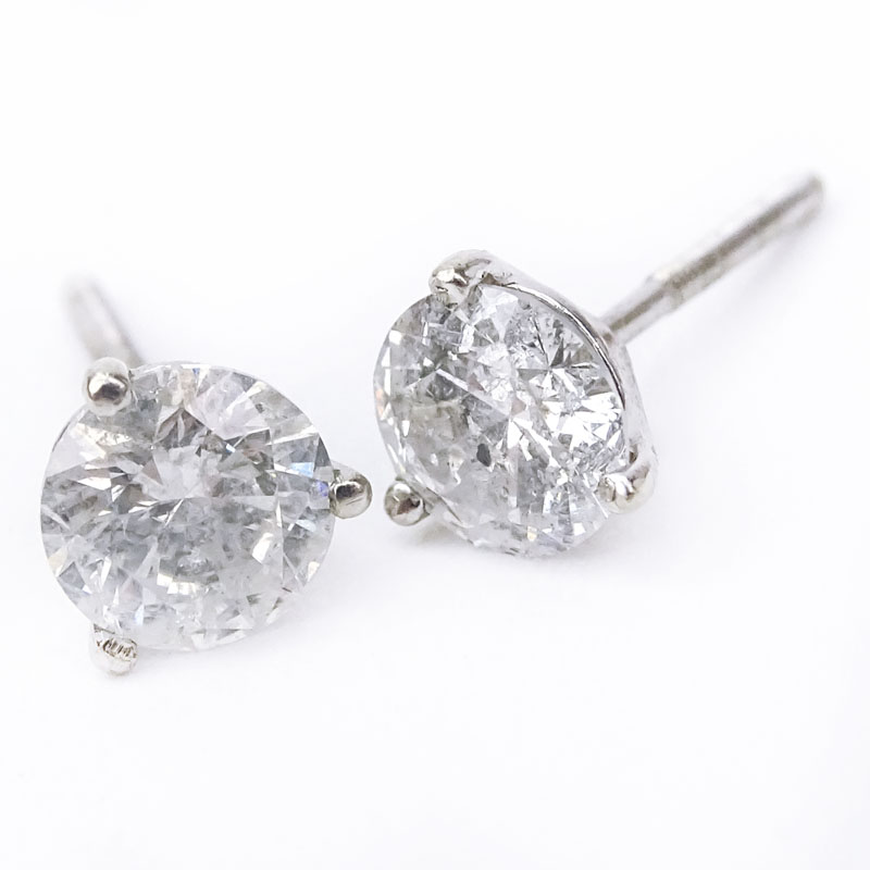 Vintage Approx. 1.80 Carat TW Round Brilliant Cut Diamond and 14 Karat White Gold Ear Studs.