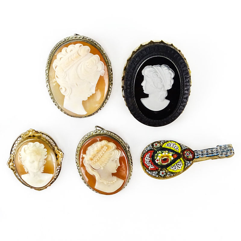 Collection of Three (3) Vintage Carved Shell Cameo Brooches, One (1) Sulphide Cameo Brooch and an Italian Micro Mosaic Brooch. 