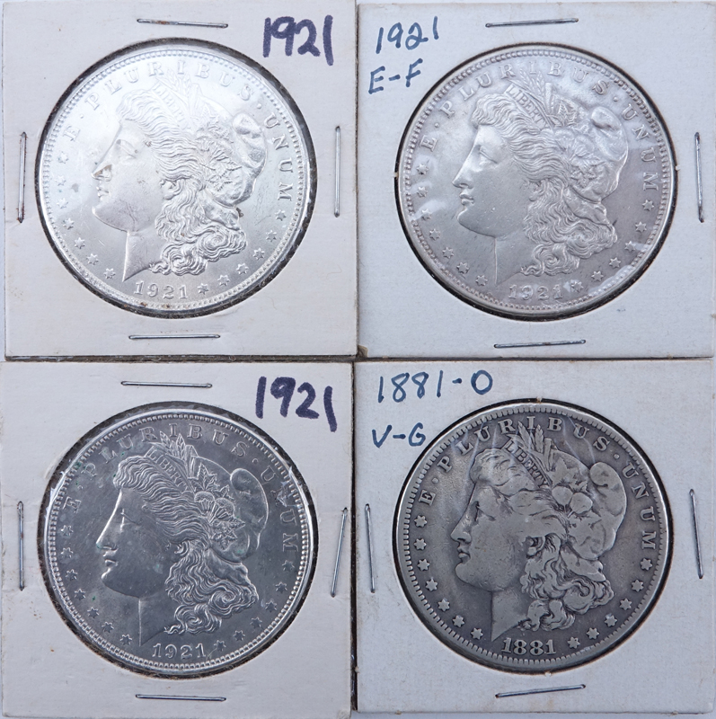 Collection of Four (4) Morgan Silver Dollars in Sleeves.