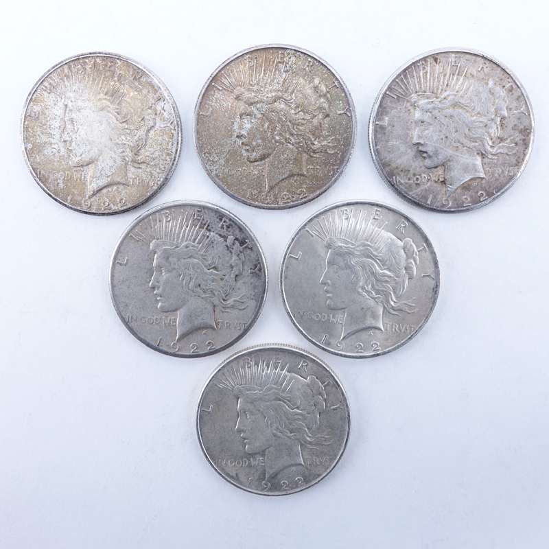 Collection of Six (6) U.S. Peace Silver Dollars.