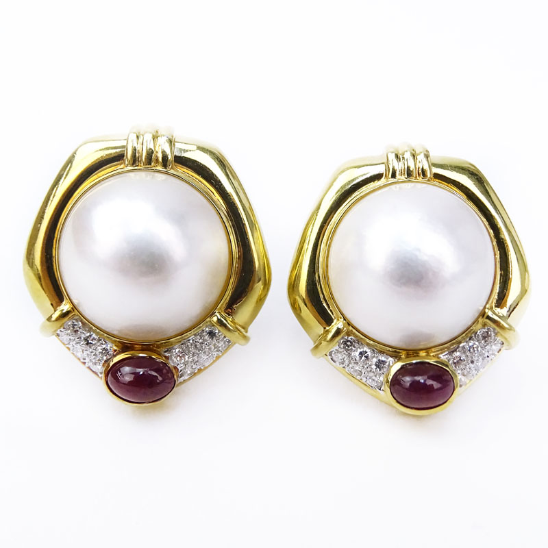 Vintage Natural Mabe Pearl, Approx. 2.35 Carat Cabochon Ruby, Diamond and 18 Karat Yellow Gold Clip Earrings. 