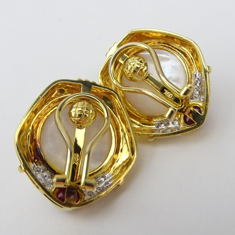 Vintage Natural Mabe Pearl, Approx. 2.35 Carat Cabochon Ruby, Diamond and 18 Karat Yellow Gold Clip Earrings. 