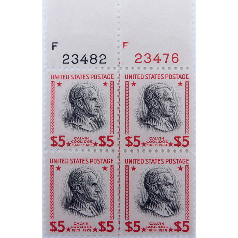 #834-1938 Block of Four (4) Calvin Coolidge $5 U.S. Postage Stamps.