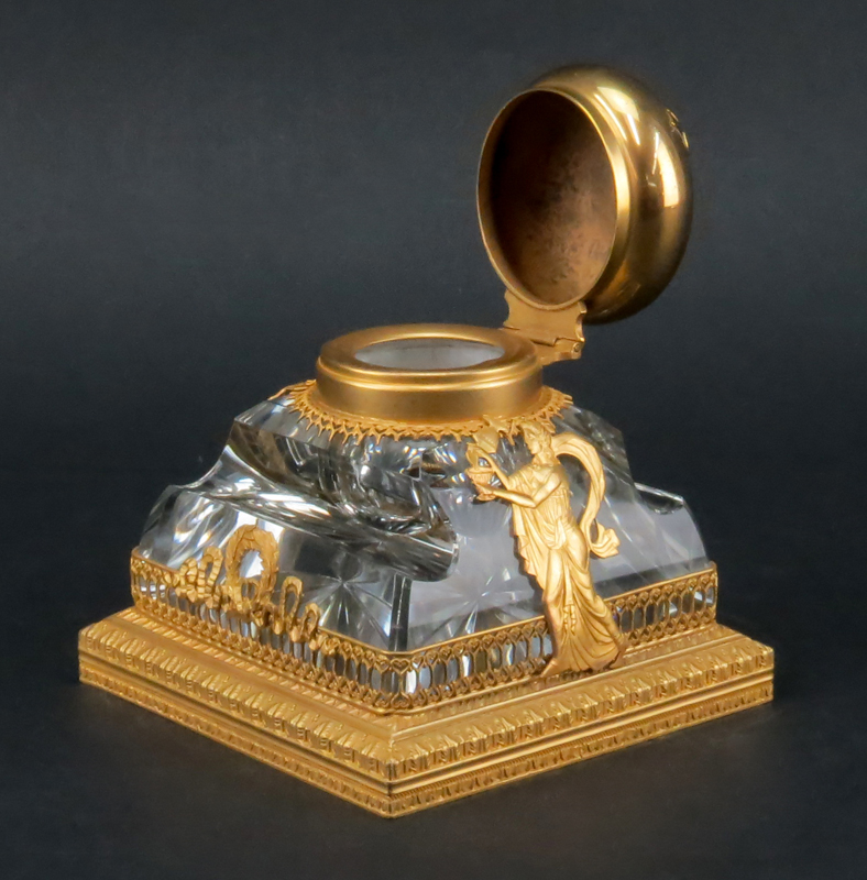 19th Century French Empire Ormolu Bronze And Possibly Baccarat Crystal Inkwell.