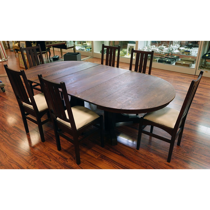 Early to Mid 20th Century L & J.G. Stickley Style Quarter Sawn Oak Dining Table with 6 Chairs.