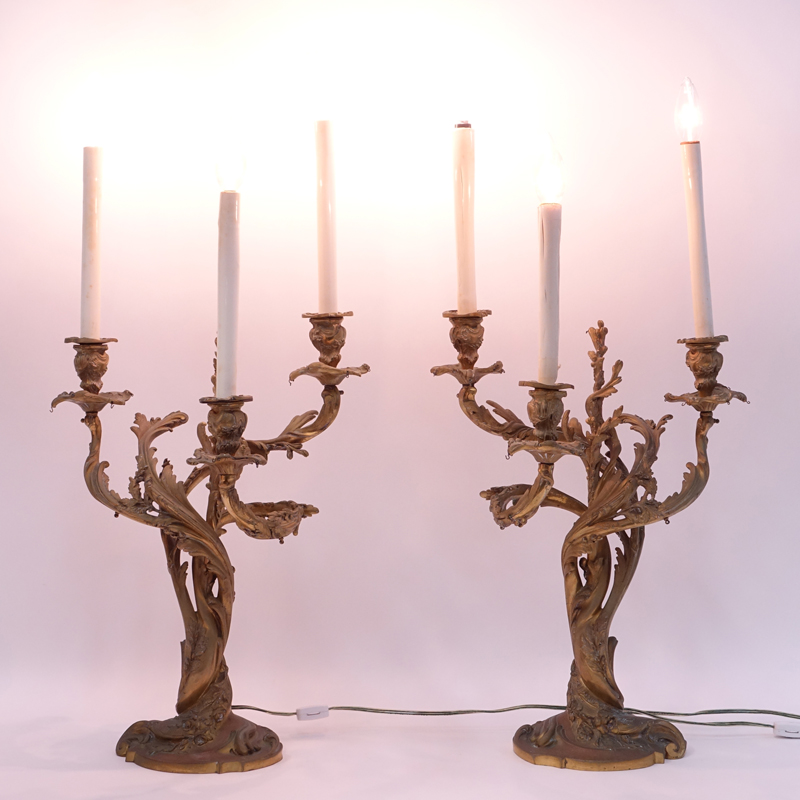 Pair of Georges Van de Voorde, Dutch (1878-1970) Antique Gilt Bronze Three-Arm Candelabras Lamps. 