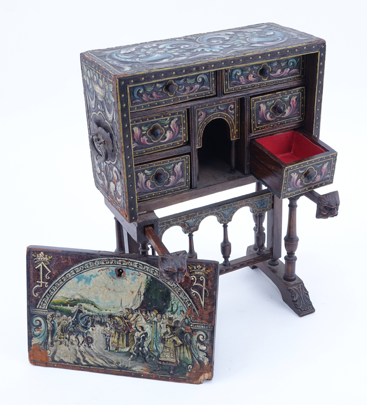 Antique Spanish Miniature Vargeno Desk. Hand Carved Hand Painted.