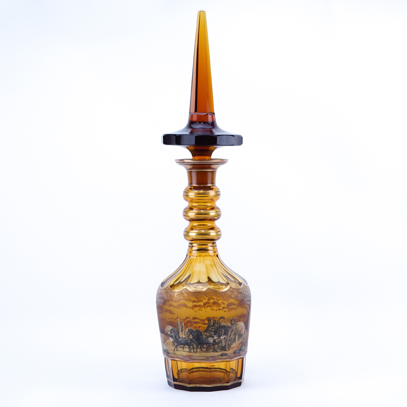 Oversized Bohemian Amber and Gilt Decanter with Carriage Scene.