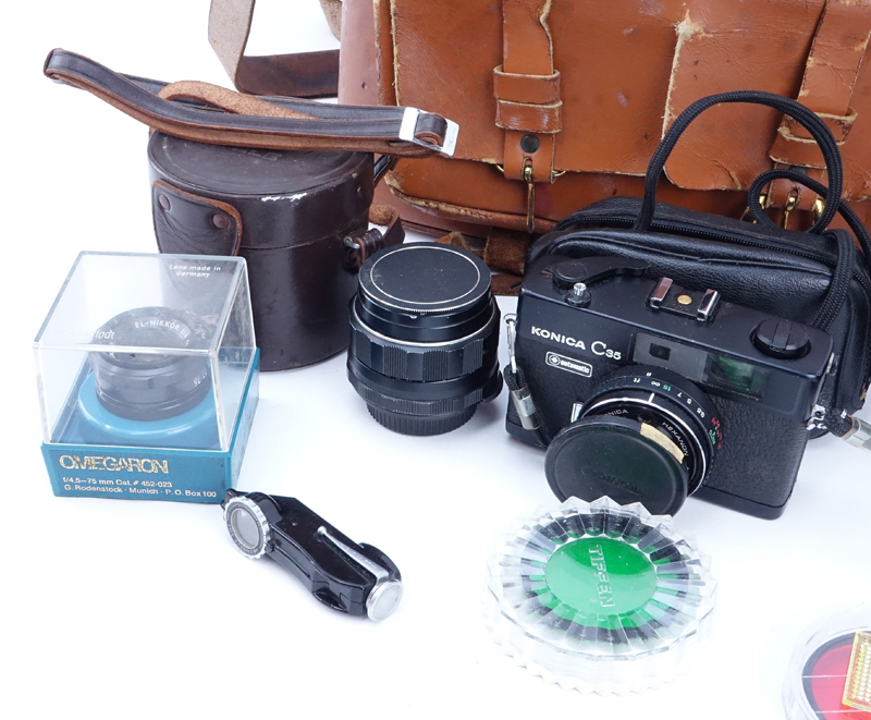 Grouping of Nikon Nikkorex F and Konica C35 Film Cameras with Extras in Leather Carrying Bag.