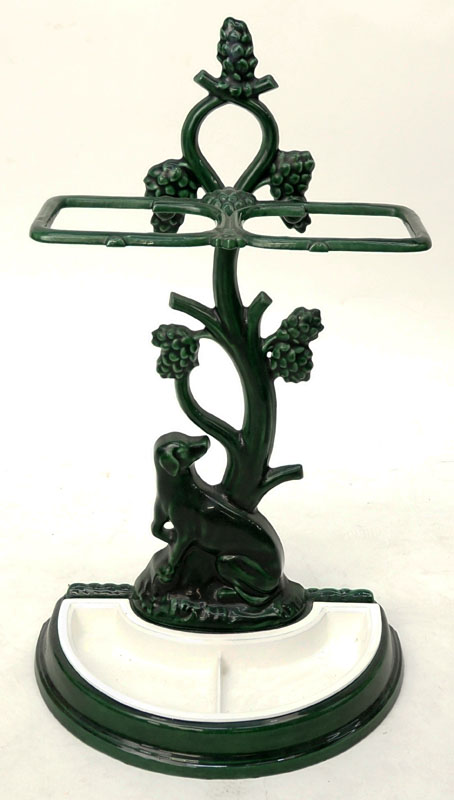 Antique Enameled Iron and Porcelain Umbrella/Cane Stand. Dog and tree motif.