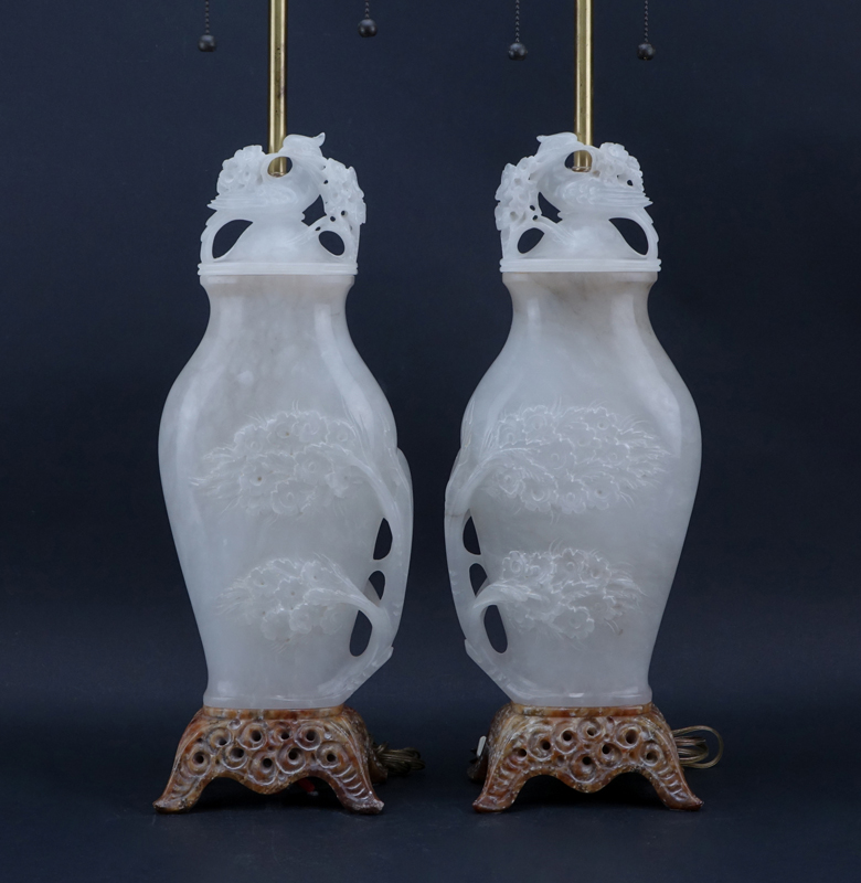 Pair Marbro Chinese Style Carved Alabaster Lamps.