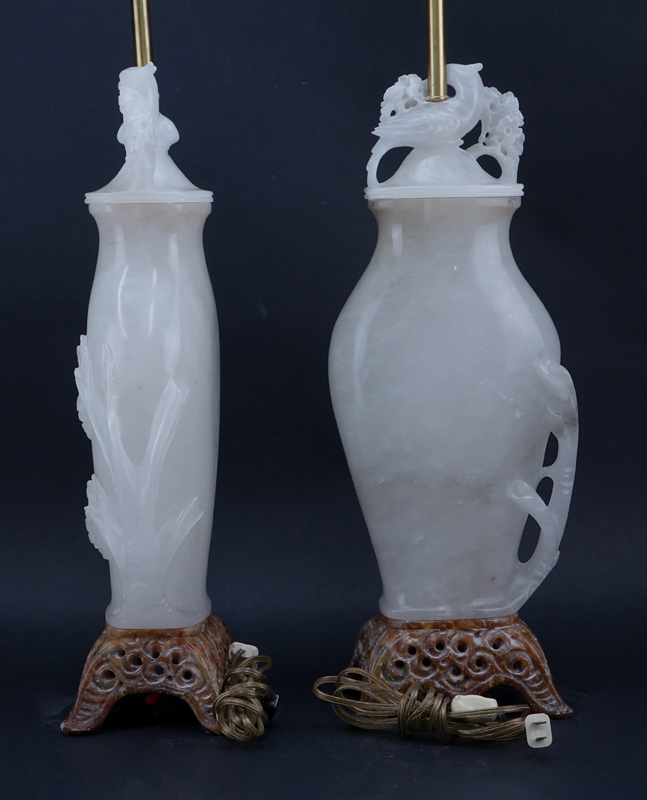 Pair Marbro Chinese Style Carved Alabaster Lamps.