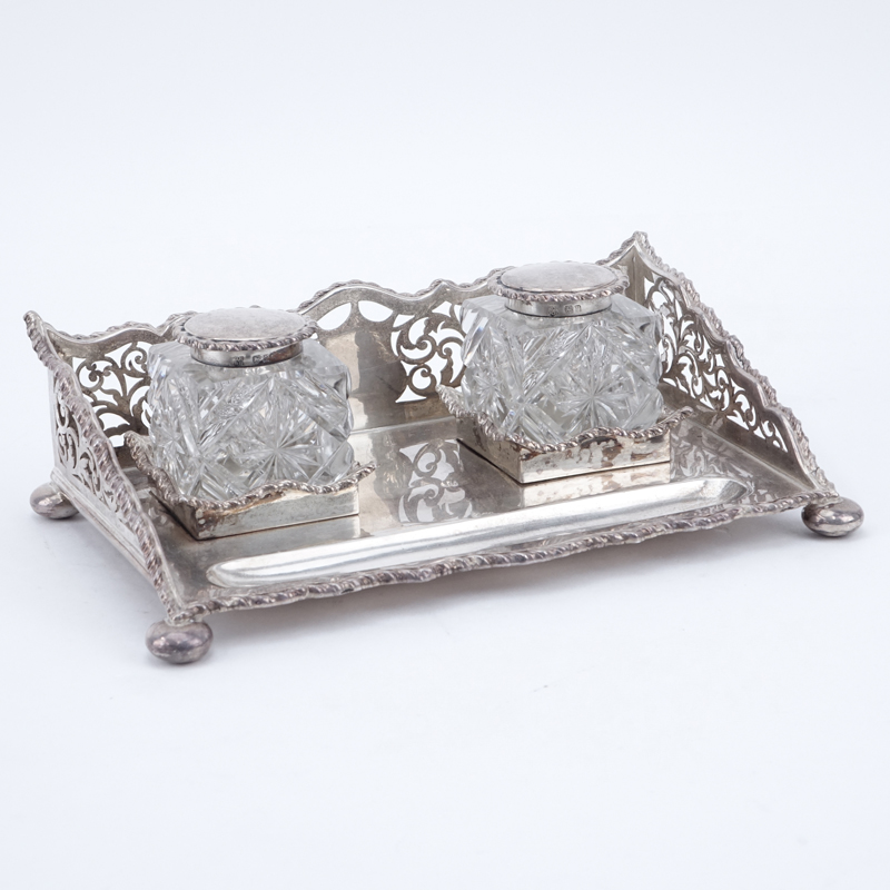 Antique English Silver and Crystal Inkstand. Signed with English Hallmarks Birmingham 1916.